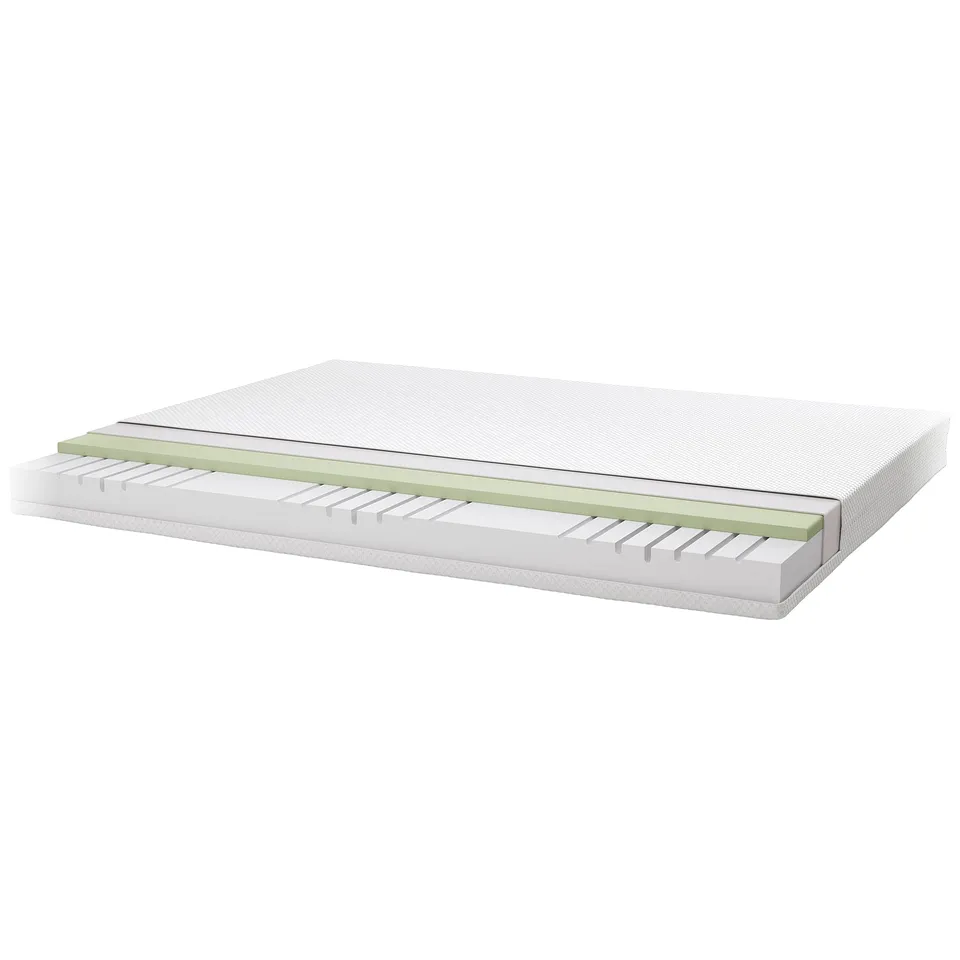 Cross-section of mattress with layers of foam, memory foam, and support structure visible.