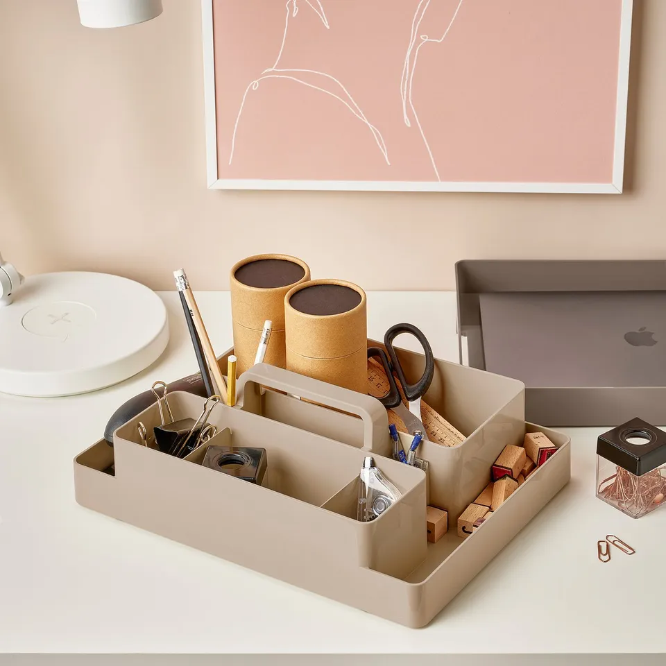 Desk organiser with compartments for pens, scissors, and notes, plus a bottom tray for books or laptop, keeping workspace neat.