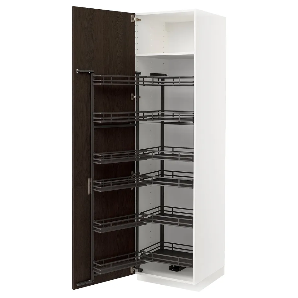 A white METOD kitchen cabinet with dark brown sinarp wood doors open, displaying a pull-out spice rack inside.