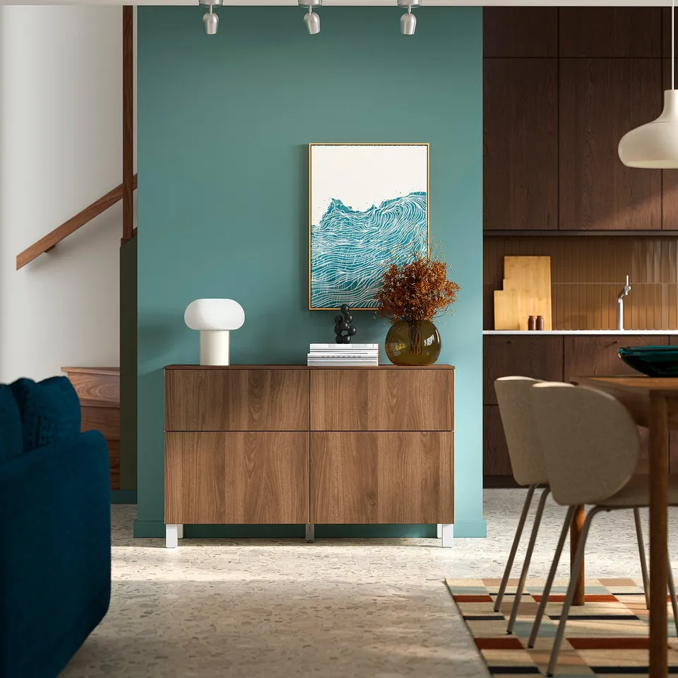 BESTÅ Storage combination w doors/drawers, white Lappviken/Stubbarp/brown walnut effect, 120x42x75 cm