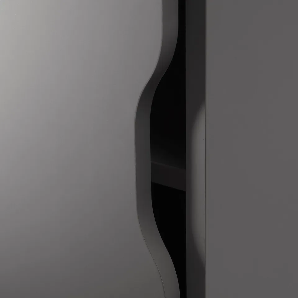 Modern, minimalist storage unit with smooth, curved edges and a sleek, grey finish, designed for versatile placement.
