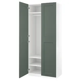 PAX / GRIMO wardrobe combination, white/grey-green, 100x60x236 cm