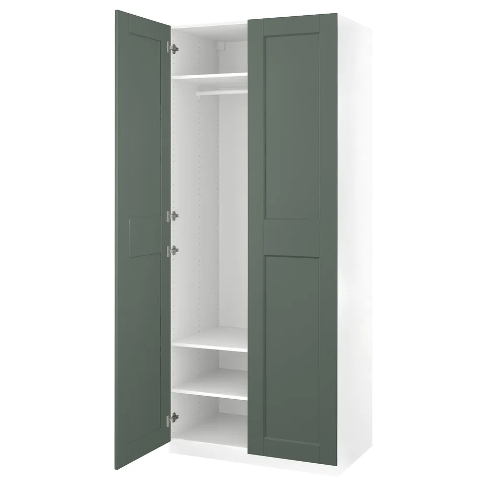 PAX wardrobe, green, white, rectangular, minimalist design.