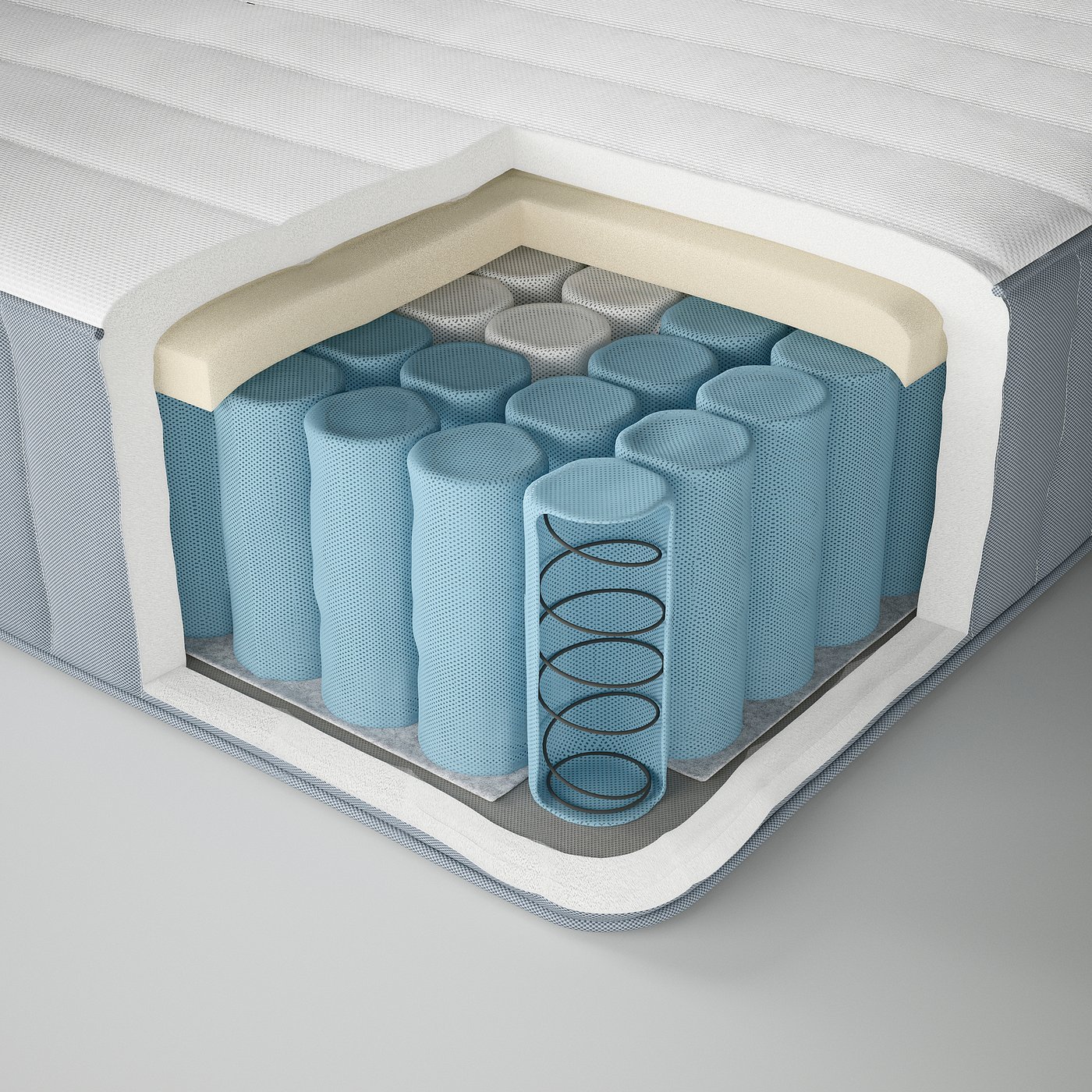Cross-section of a mattress. Shows layers of soft foam and recycled polyester. Central coils highlight support springs.