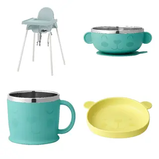 ANTILOP/KANONKUL set: highchair with tray + green bowl + green cup + yellow plate, grey-blue/white + blue, Width 56 x Depth 60 x Height 90 cm
