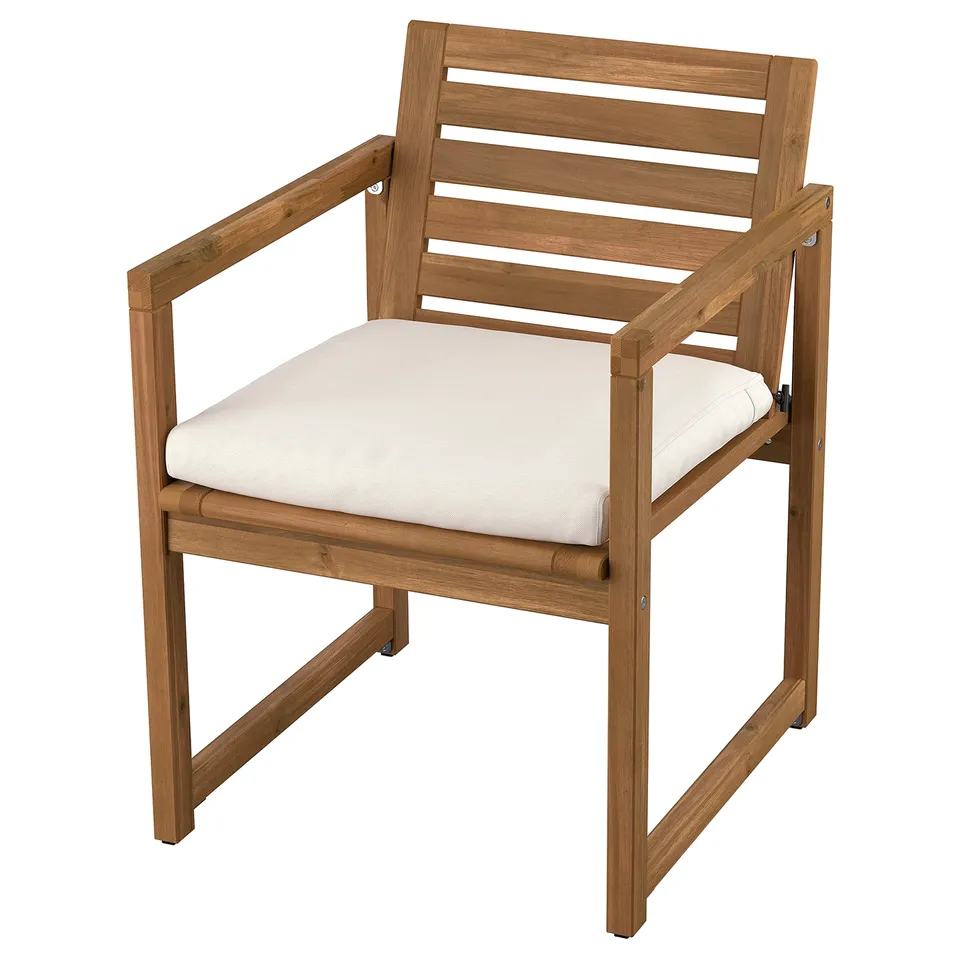 Brown wooden outdoor chair with slatted back and cushioned seat. Modern design, comfortable for patio.