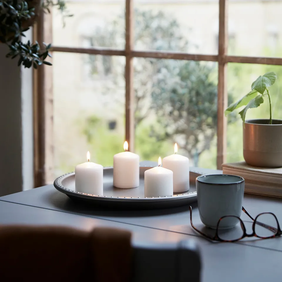 HEMSJÖ Unscented pillar candle, natural, 8 cm 15 hr