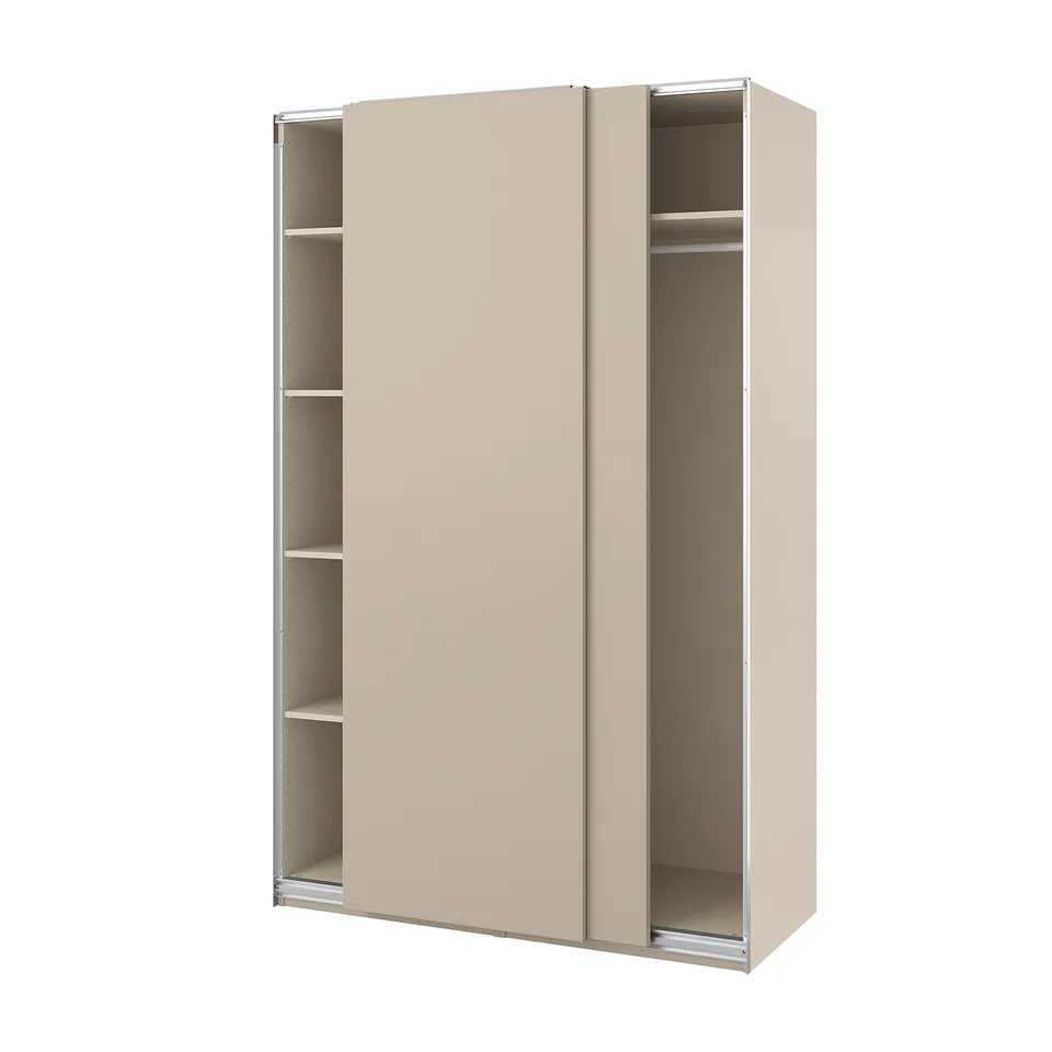 A beige PAX wardrobe with sliding doors and interior shelves.