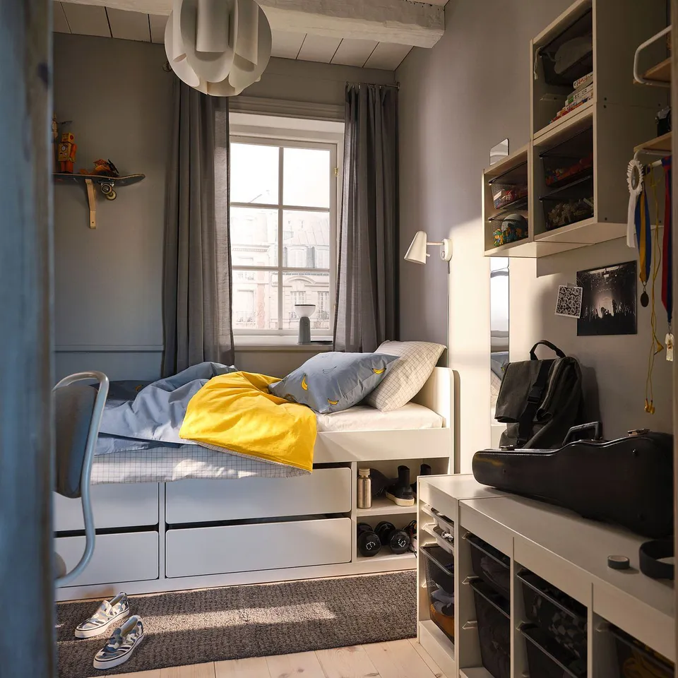 part: SLÄKT bed frame w storage+slatted bedbase