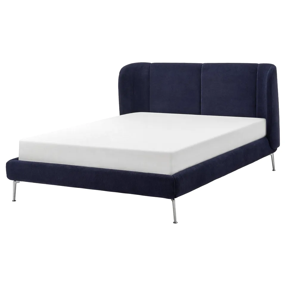 TUFJORD blue bed, curved head, metal legs.