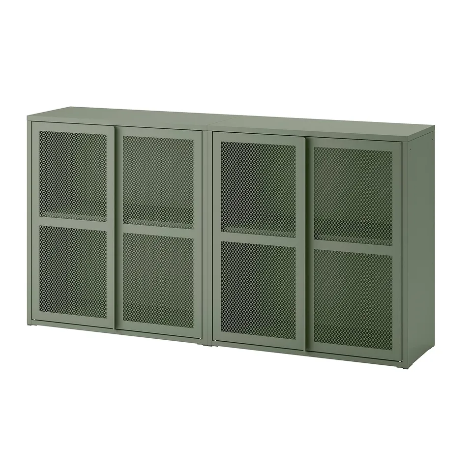 A green IVAR cabinet, rectangular in shape with mesh doors, made of steel, offering closed storage.