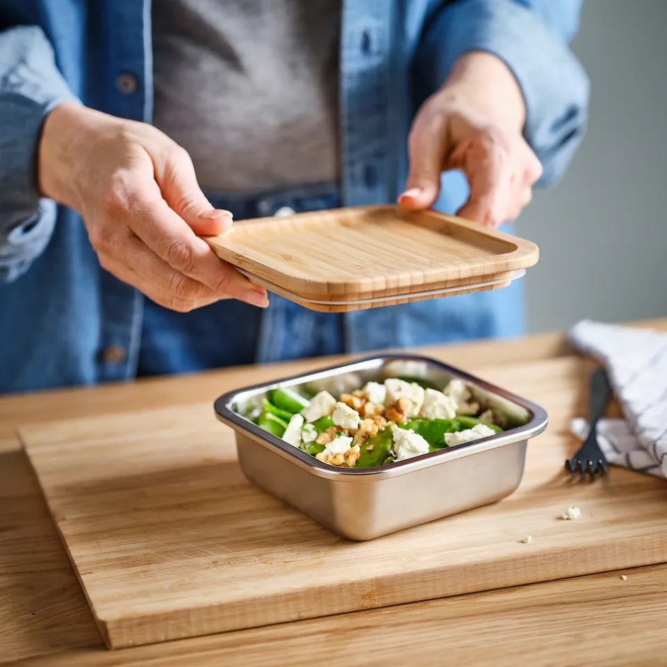 Person placing a bamboo lid on a stainless steel food container filled with salad on a wooden table.