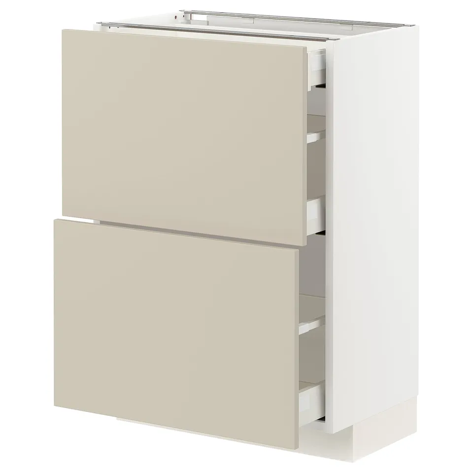 A beige METOD kitchen cabinet with two drawers and a shelf. Its made of particleboard and steel, featuring a smooth, modern design.