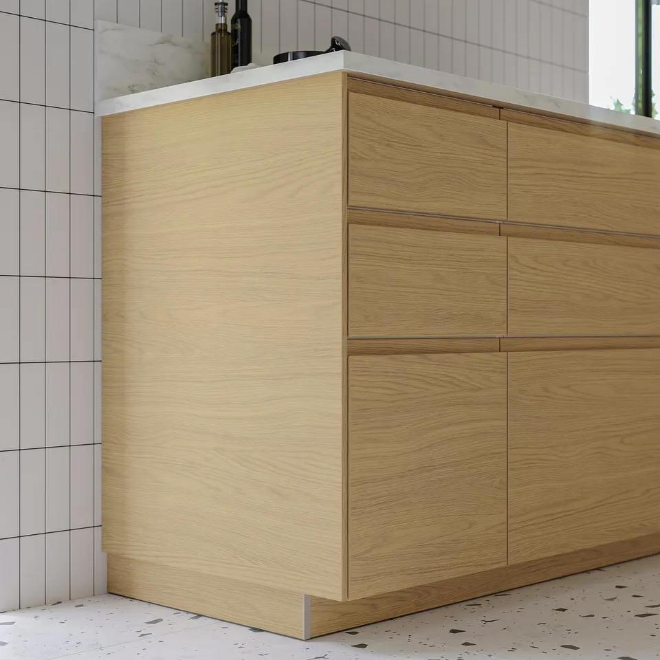 VOXTORP oak kitchen cabinet. Light brown, modern, with uniform design.