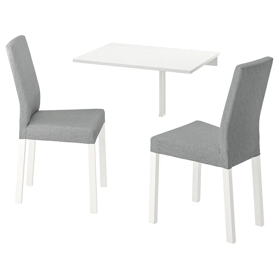 Modern, white and grey dining set with foldable table and two upholstered chairs.