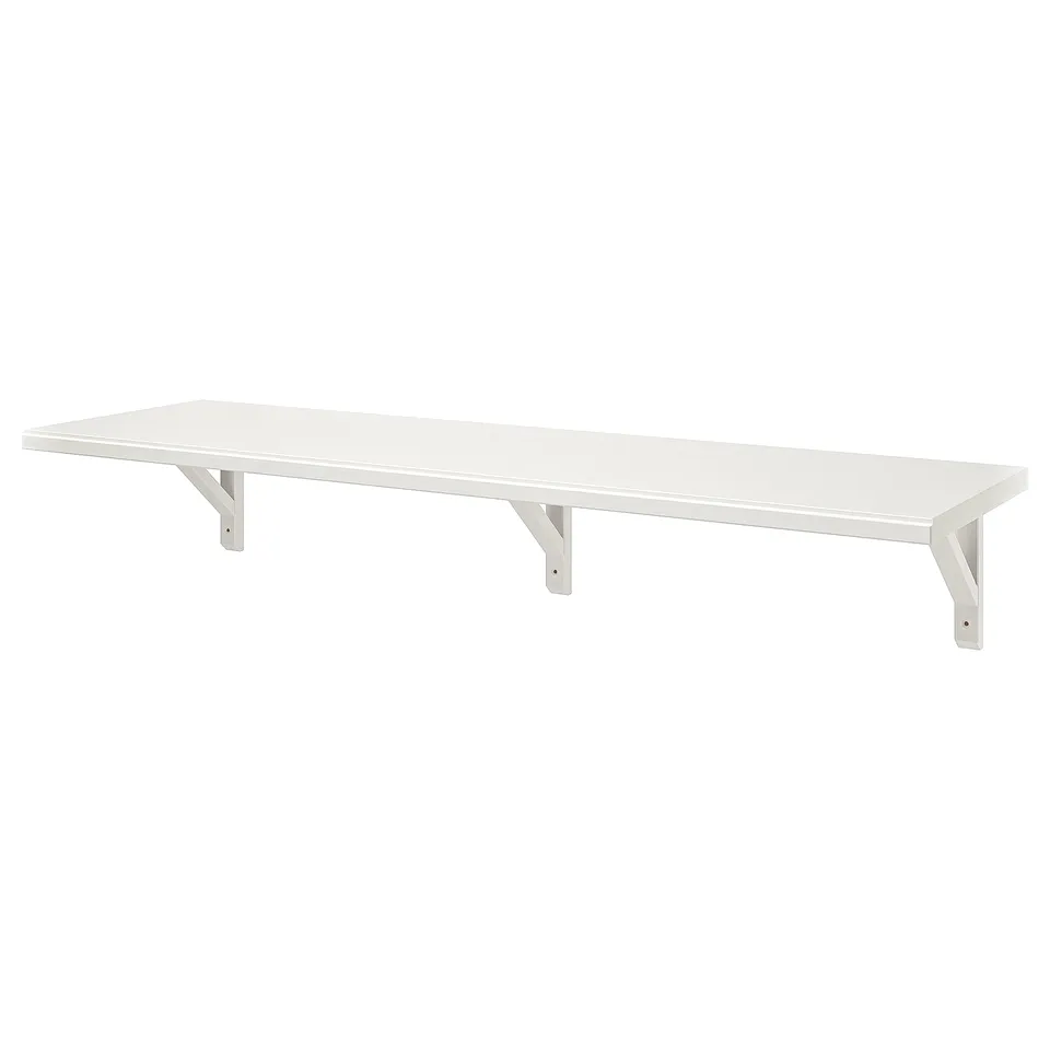 A white TRANHULT wooden wall shelf with brackets, suitable for storage and display.
