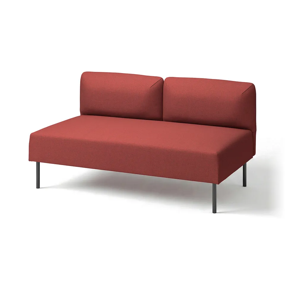 Bright red modern sofa, sleek design, low profile, plush cushions, minimal legs.