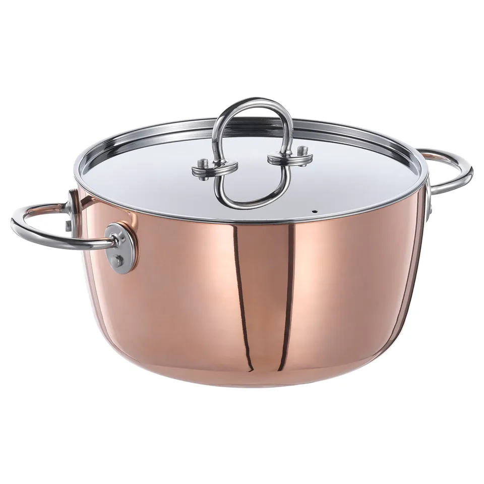 Copper frying pan, stainless, round, sturdy, cook & serve.