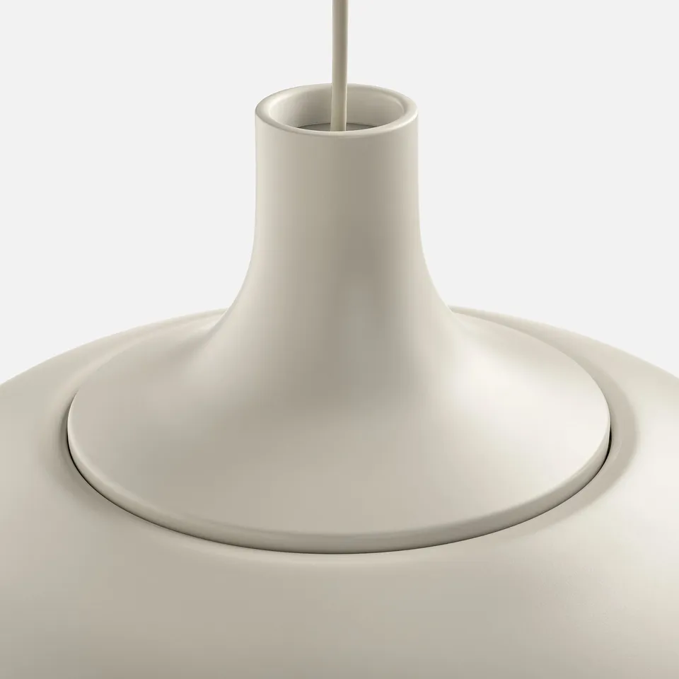 Sleek modern pendant lamp with smooth, matte finish; minimalist design, provides soft light.