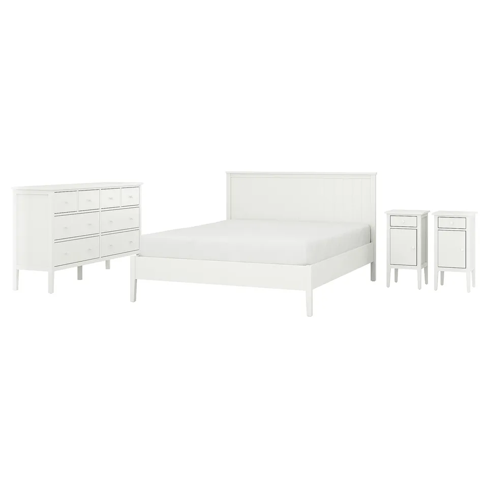 White bedroom set: bed, dresser, nightstands. Clean, modern design. Wood and wood-like materials.