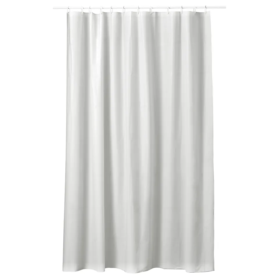 A white NORDRÖNN shower curtain made from polyethylene plastic, hanging straight with a simple, smooth design.