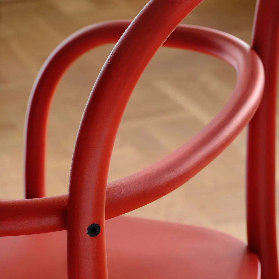 Red modern scandinavian dining chair close-up. Smooth, curved beechwood backrest with sleek finish.