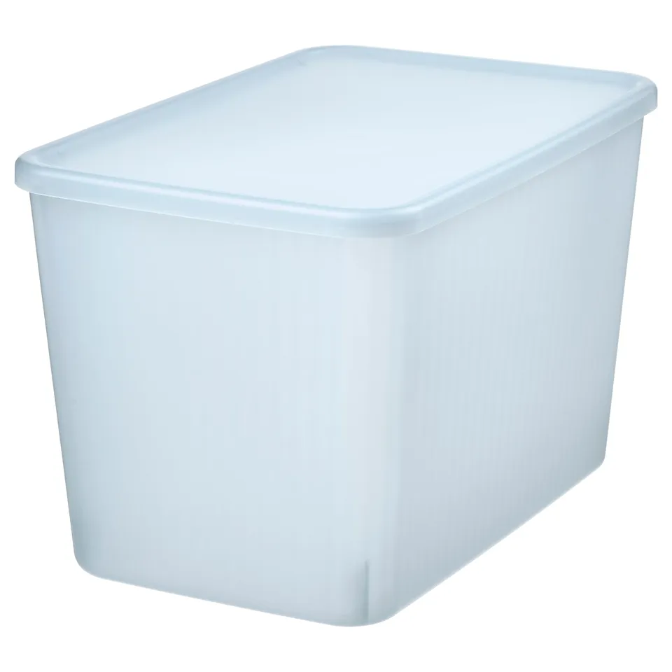A light blue plastic storage box. Its rectangular with a lid, made of 50% recycled material.