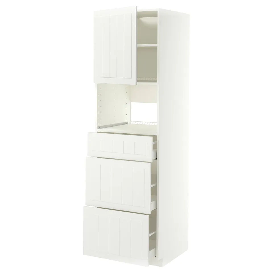 A white METOD kitchen cabinet with doors and drawers, featuring a modern and clean design.