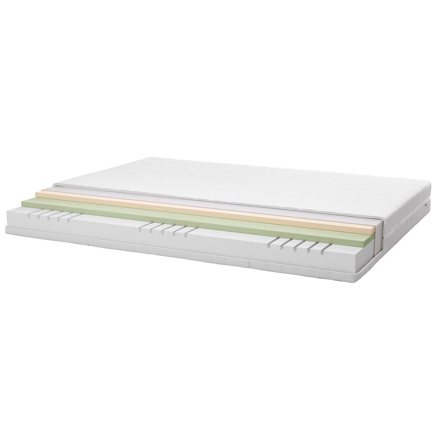 Layered bed structure, showing foam, fiberboard, and wood, with a white top.