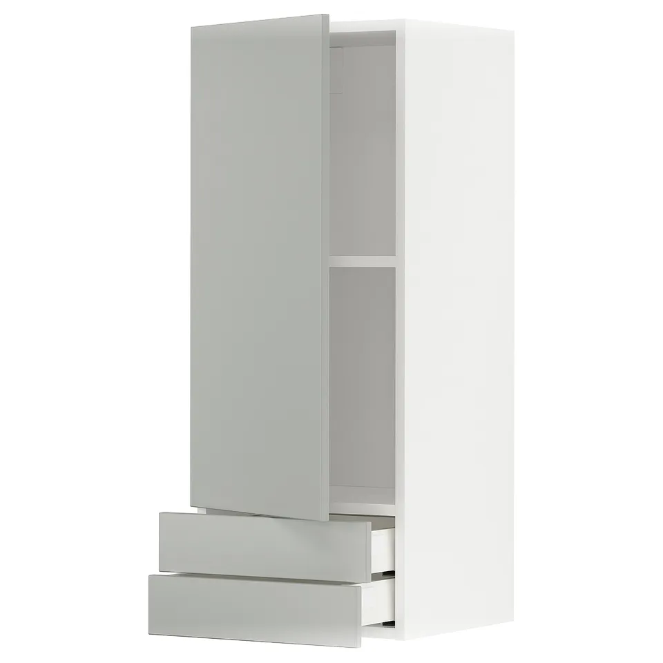 A white METOD kitchen cabinet with a sleek, minimalist design featuring a light grey havstorp front and two drawers. It is modern and functional.