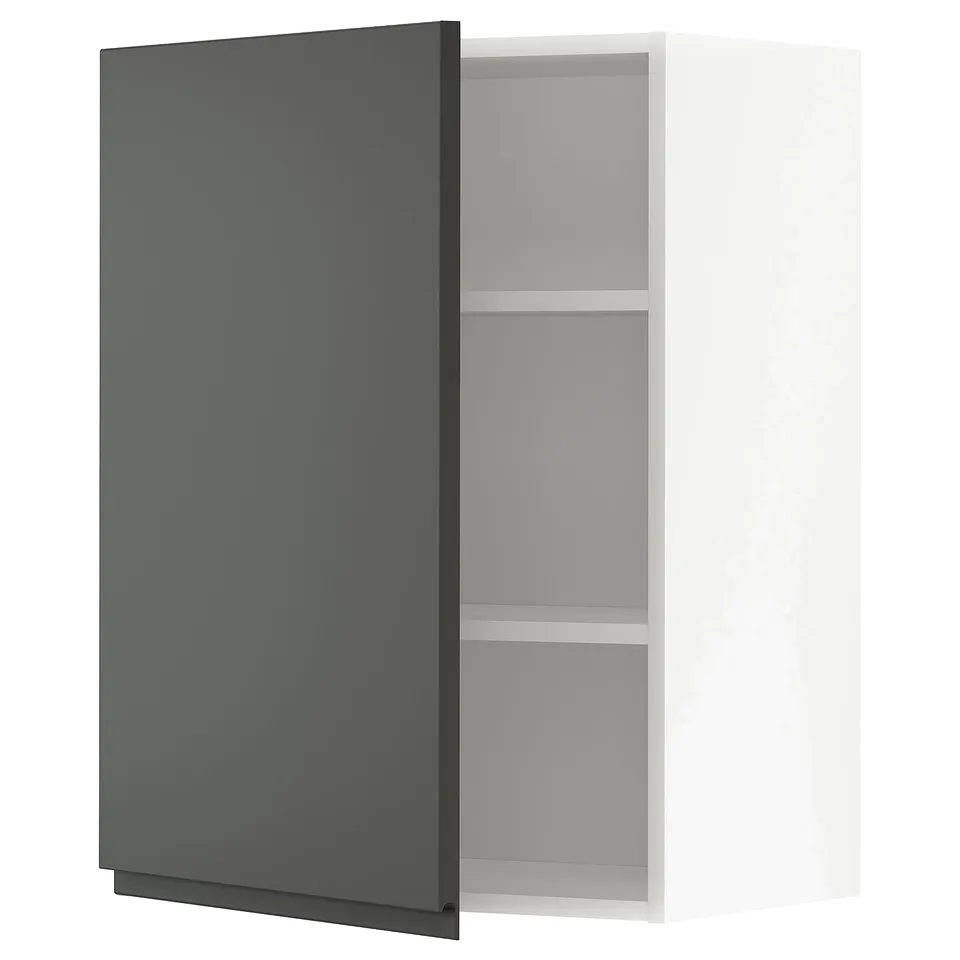 Modern grey ikea METOD kitchen cabinet with dark grey door and handles.
