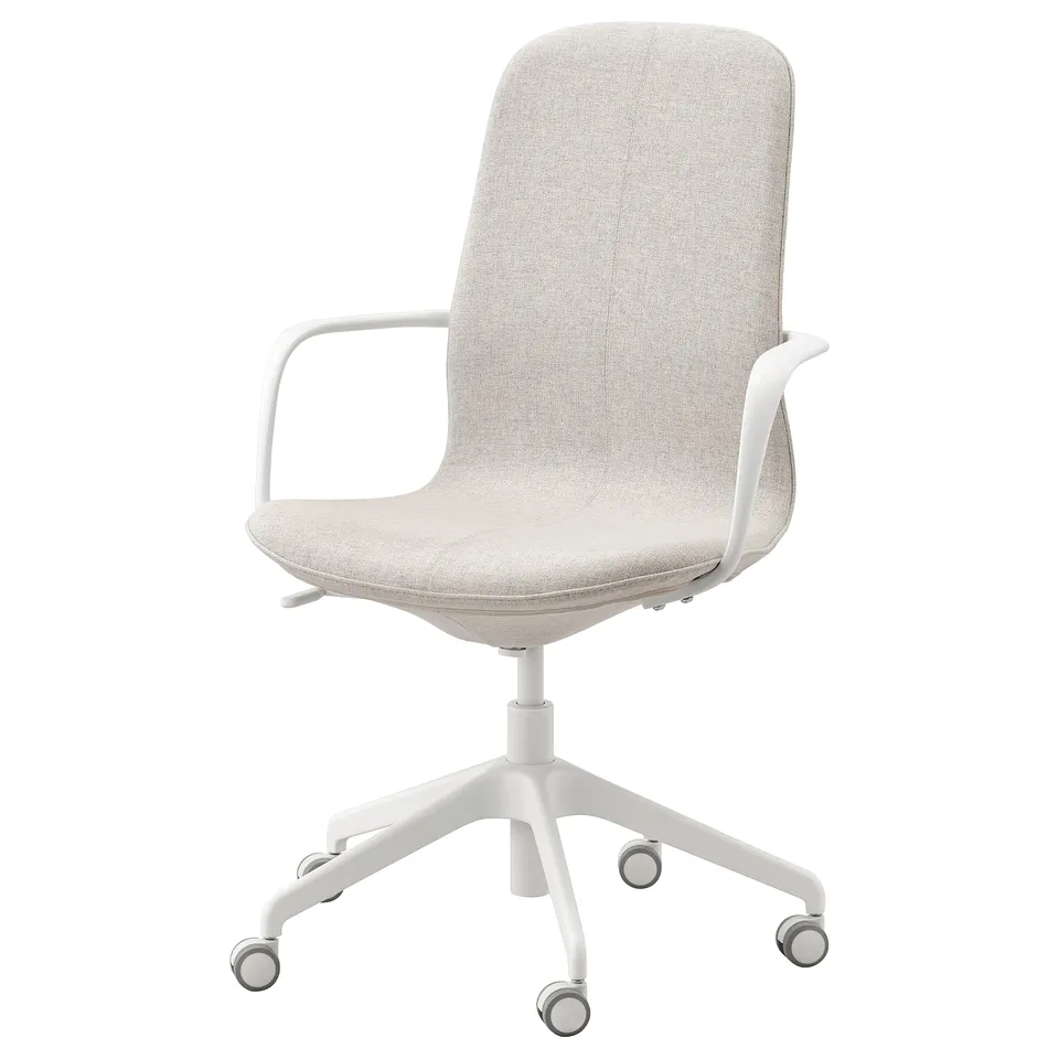 Depicts a LÅNGFJÄLL office chair in white. It a cushioned seat and backrest with white metal arms and a five-star base with wheels.