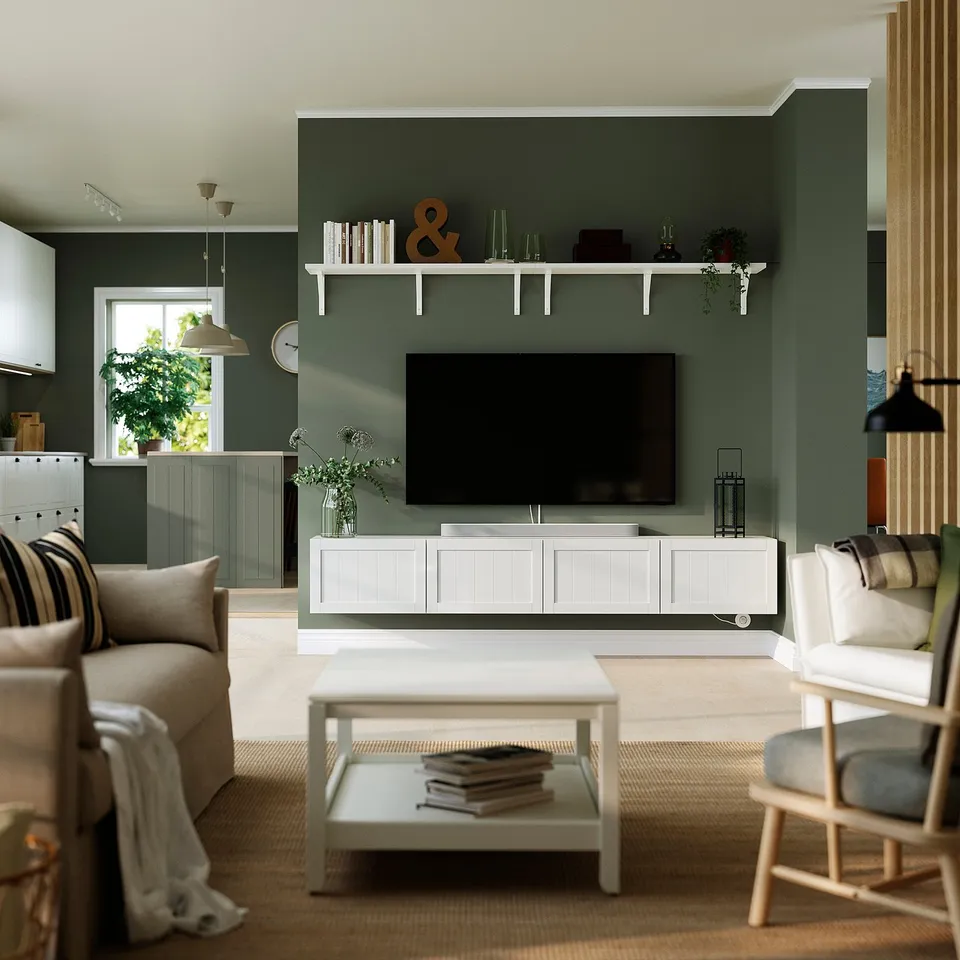 BESTÅ TV bench with doors, white/Pipmakare white, 240x42x38 cm
