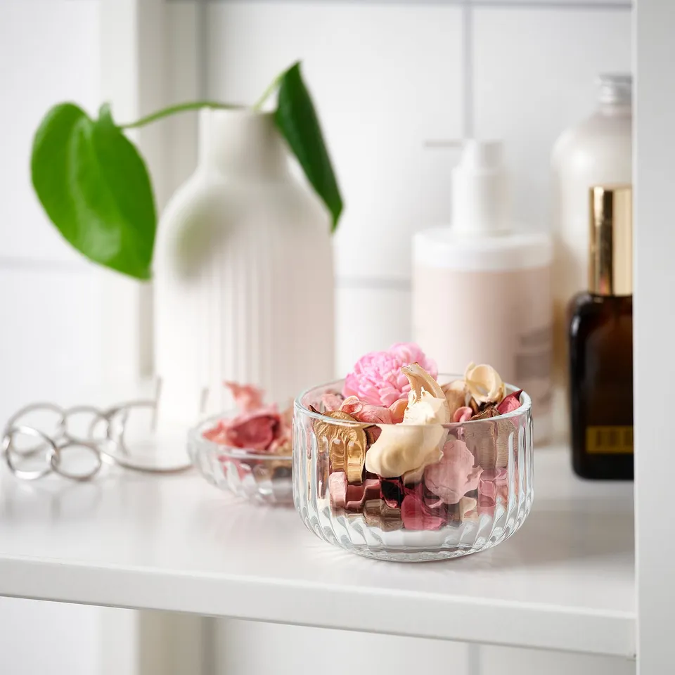 Glass bowl with plants and bottles on white shelf