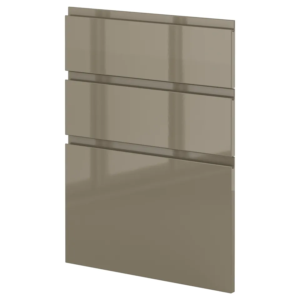 High gloss dark grey-brown cabinet fronts with sleek handle design.