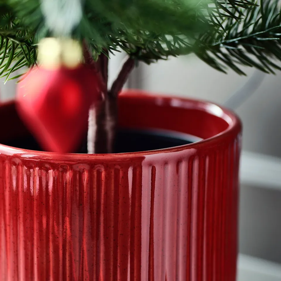 Close-up of a red ribbed plant pot with green foliage. Subtle stripes and glossy glaze.