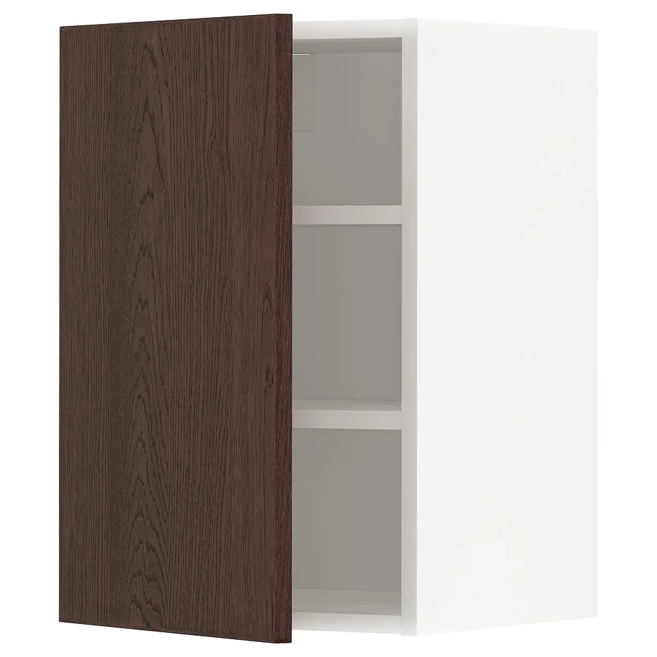 Dark brown wooden cabinet with open door, white interior, and adjustable shelves.