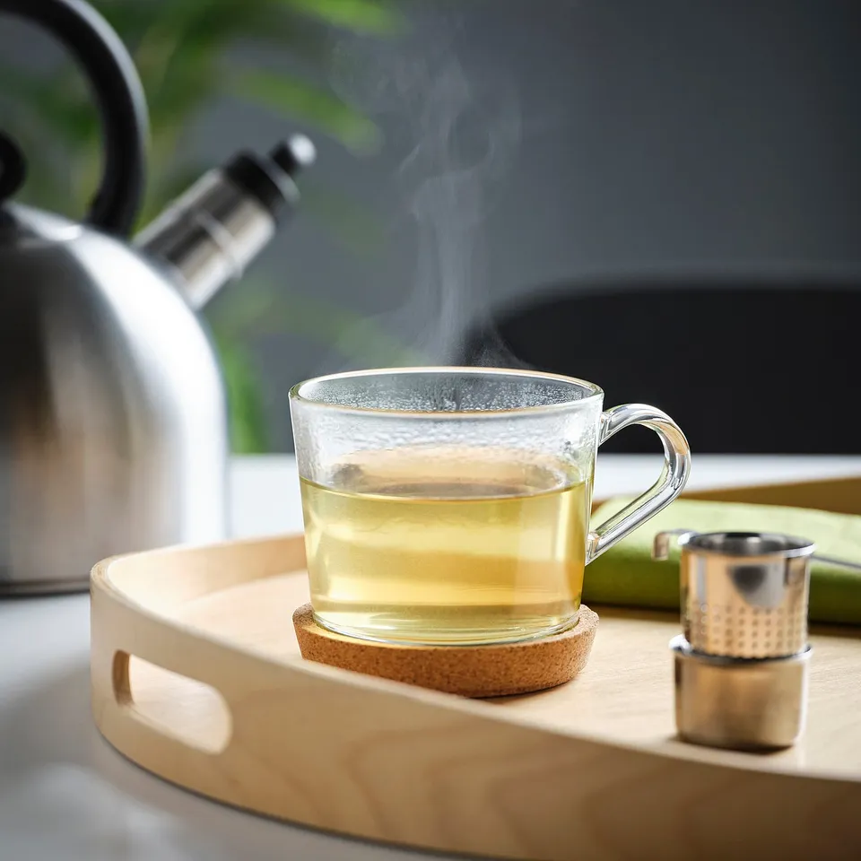 Glass mug on a wooden tray with steaming tea beside a kettle.