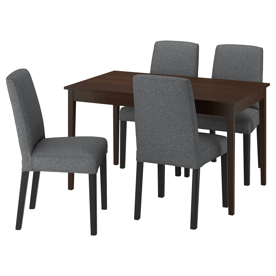 Displays a dark brown NÄSINGE dining set with a square table and four matching grey fabric chairs.