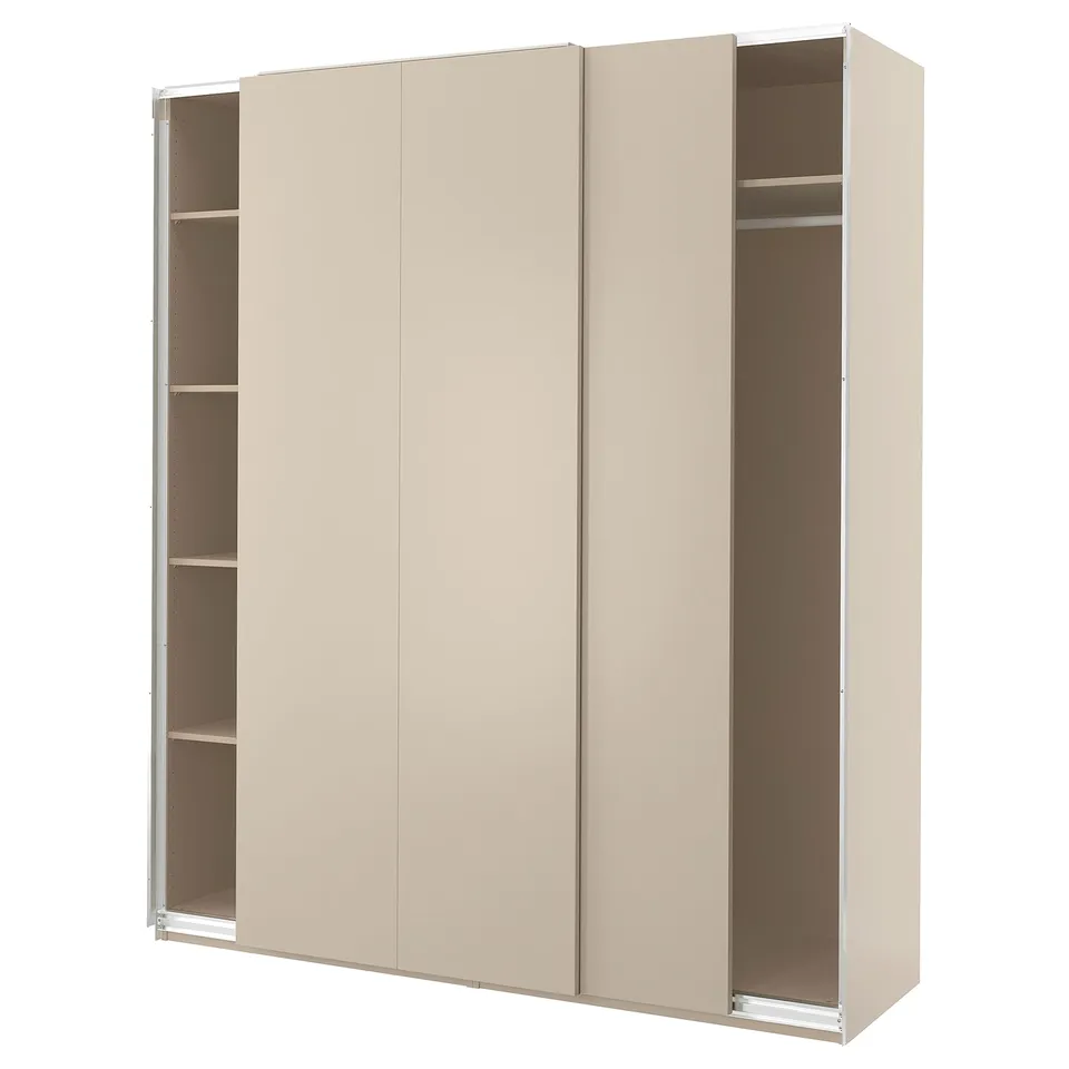A beige PAX wardrobe with sliding doors and interior shelves.