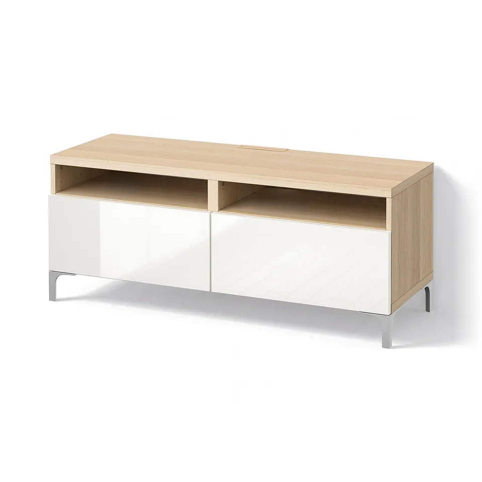 BESTÅ TV bench with drawers, white stained oak effect/Selsviken/Nannarp high-gloss/white, 120x42x48 cm