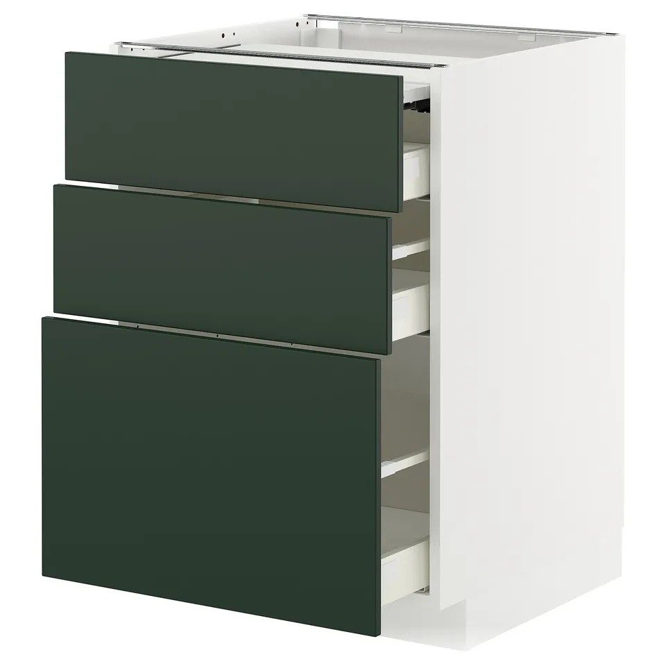 Modern kitchen unit: METOD, green havstorp fronts, three drawers, white base, sleek design.