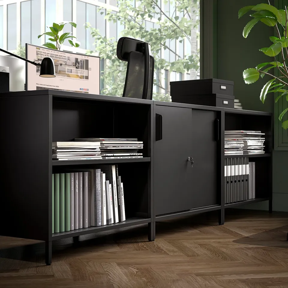 Modern office with black storage cabinet, books, binders, and green plants by window.