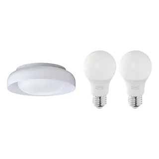 KÄRRNOCKA/SOLHETTA set: ceiling lamp + LED bulb E27 806 lumen, white + dimmable/globe opal white, 37 cm