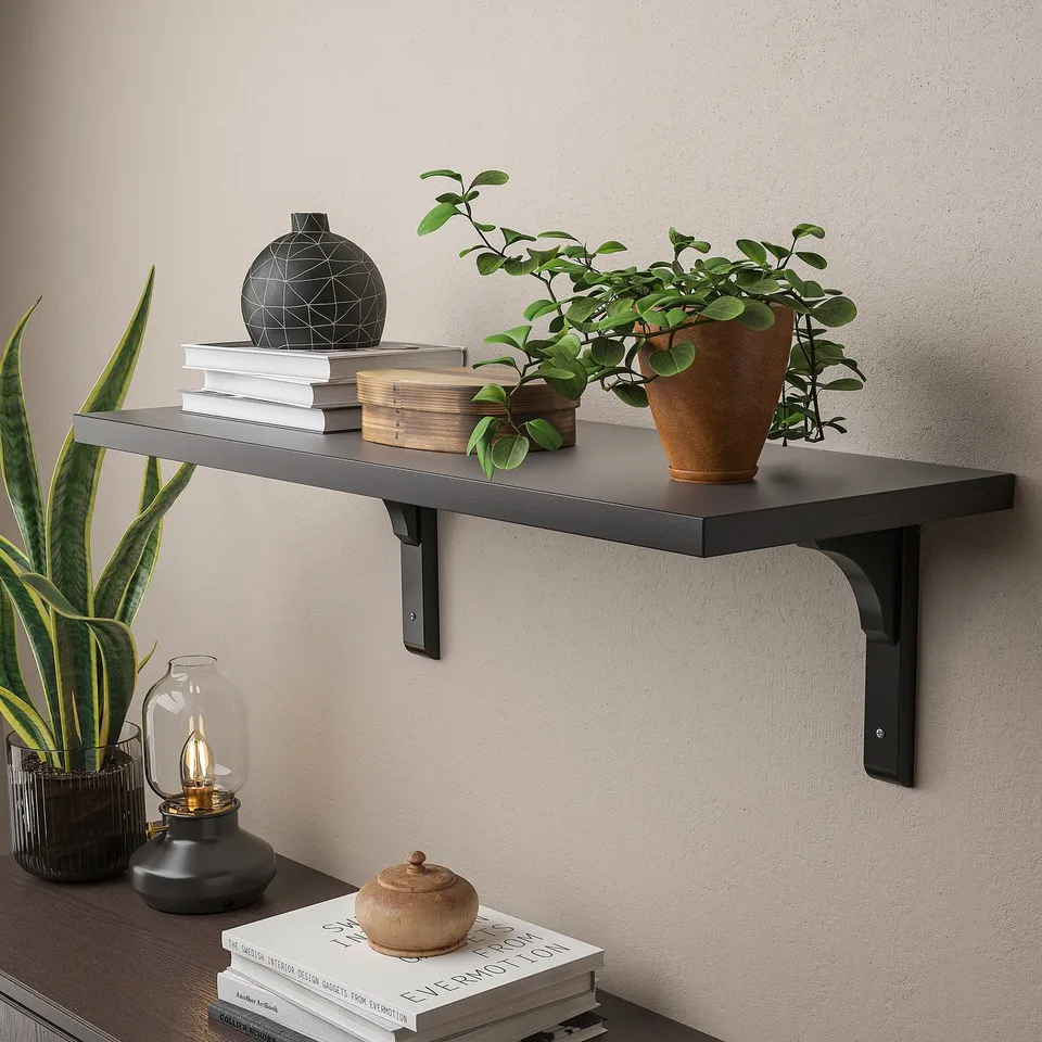 Dark shelf on wall displaying plants, books, and decor. Two shelves, one above the other, with items balanced for storage and display.