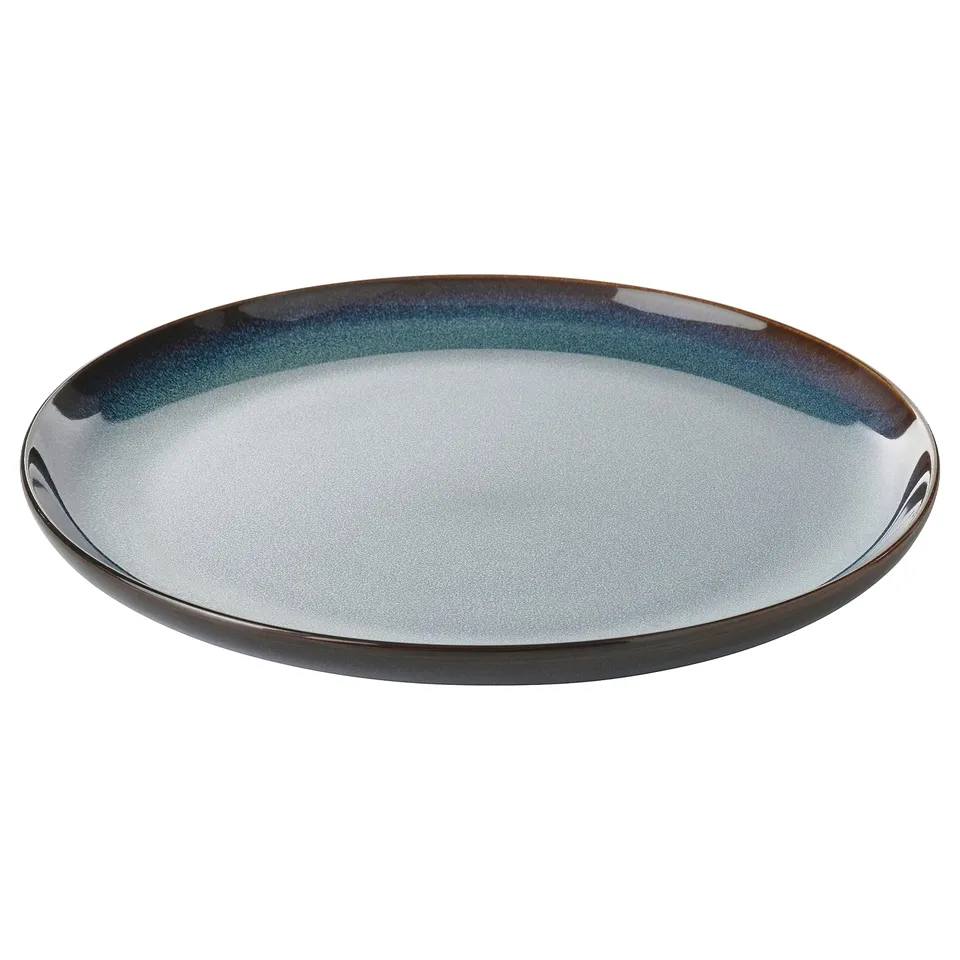 Ocean-blue glazed GLADELIG plate, round, stoneware with golden-brown rim.