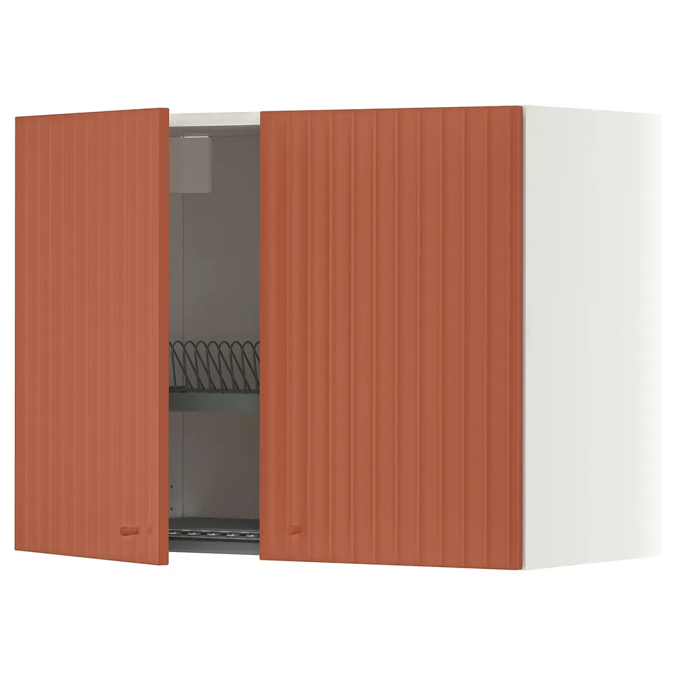 METOD Wall cabinet w dish drainer/2 doors, white/Terrsjö red-brown wave pattern, 80x37x60 cm