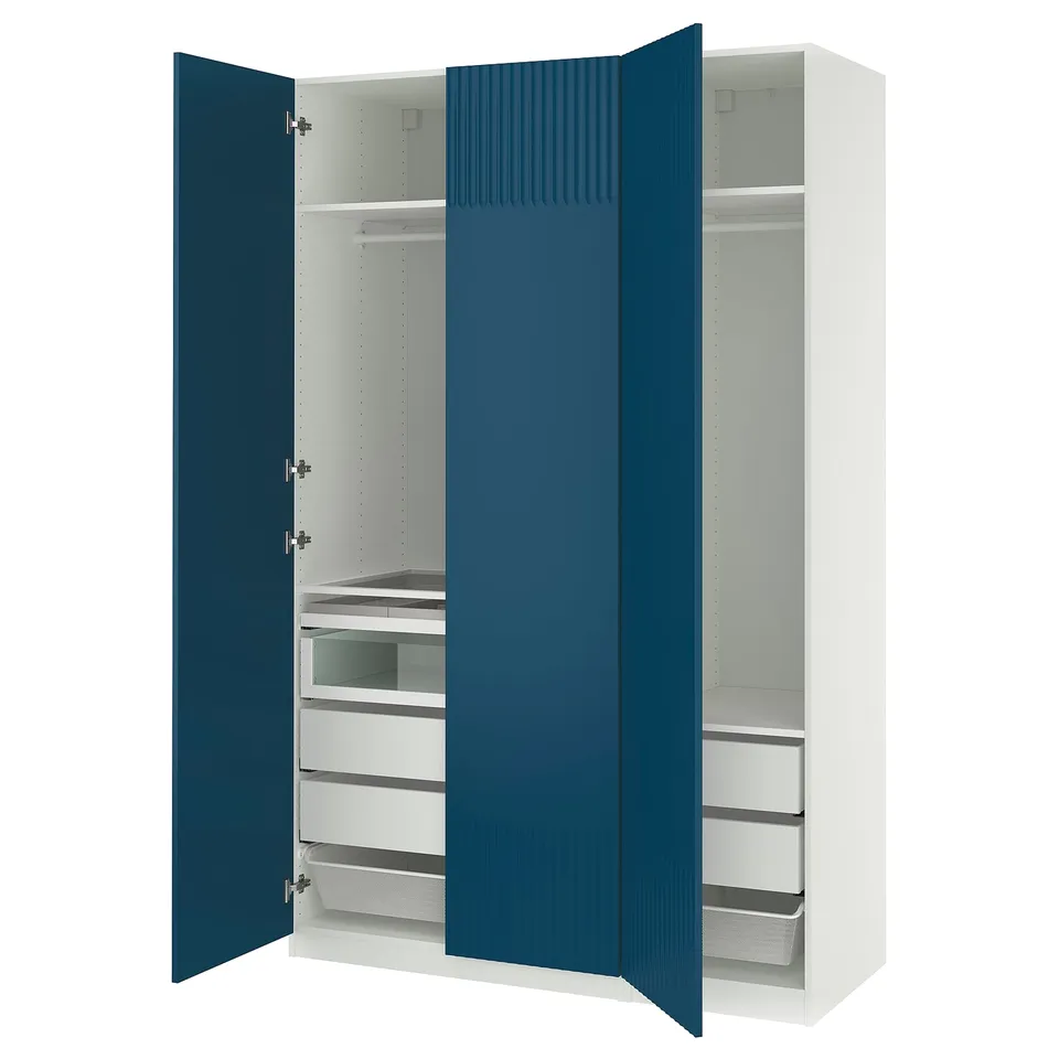 Depicts a blue PAX wardrobe with three doors, white interior, shelves, drawers, and a mesh basket.