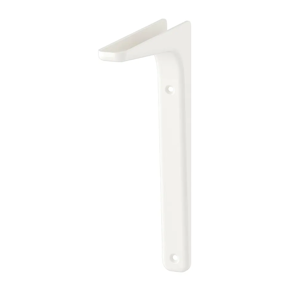 A white TOMTHULT shelf bracket. It is made of aluminium, reversible, fits 20 or 30 cm deep shelves, and has a simple design.