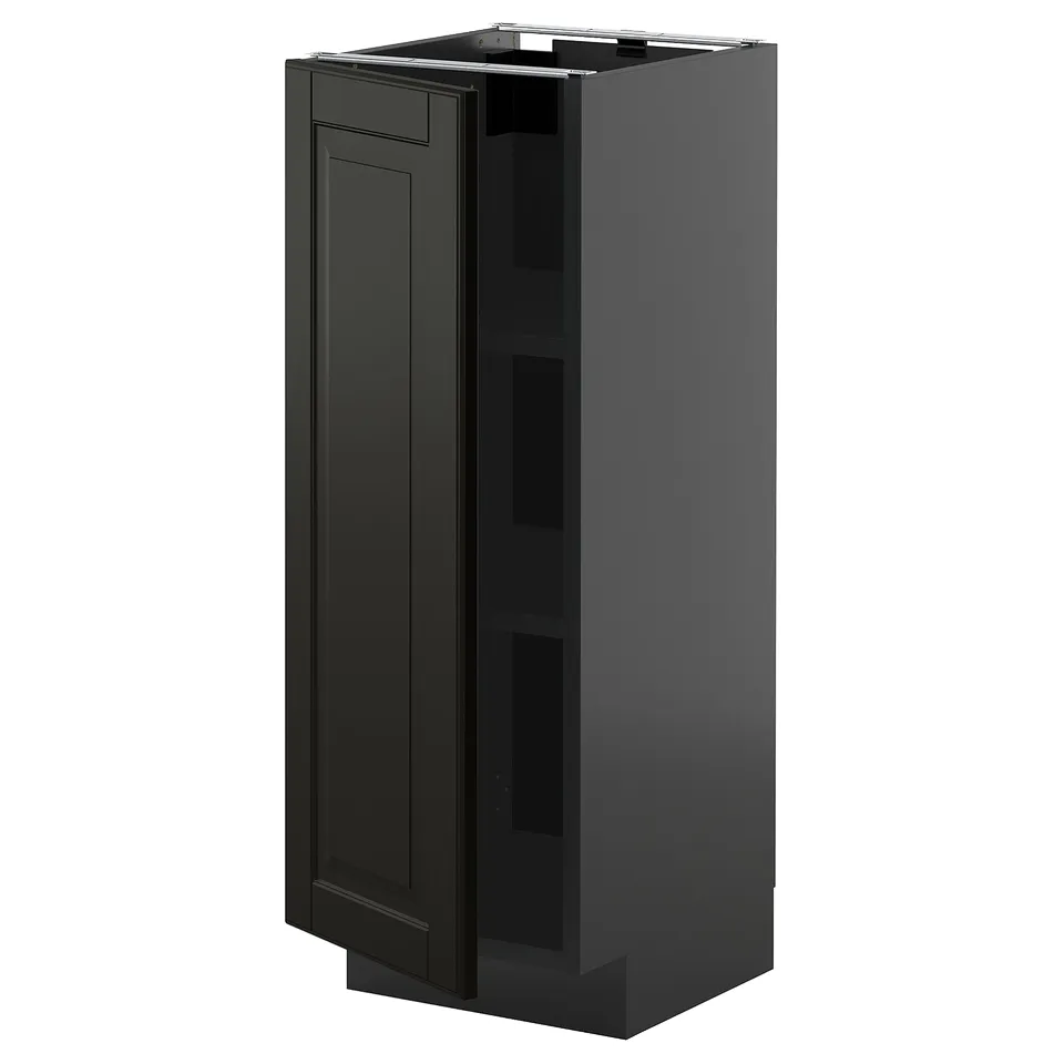 A black, rectangular METOD kitchen cabinet with a sleek design and adjustable shelves.